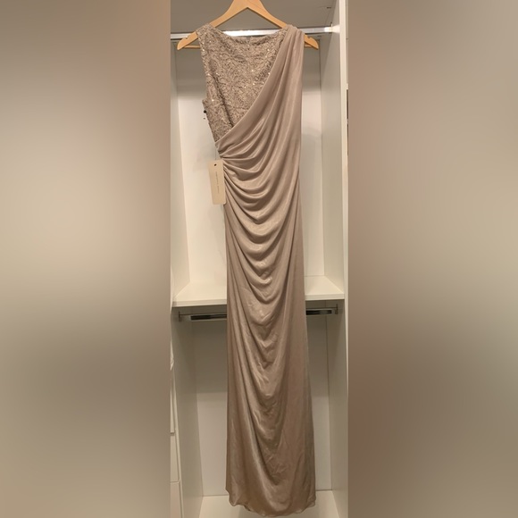 Adrianna Papell Women's Draped Glazed Jersey Gown with Metallic Lace Bodice - Picture 5 of 5